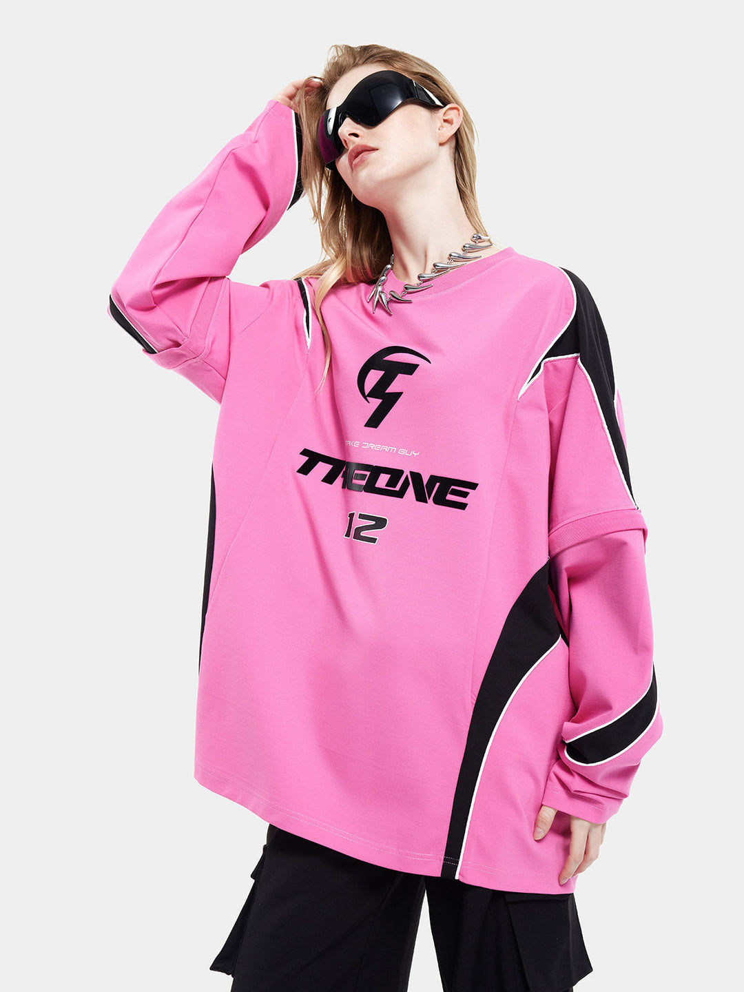 T-one Letter Print Patchwork Sweatshirt-Pink