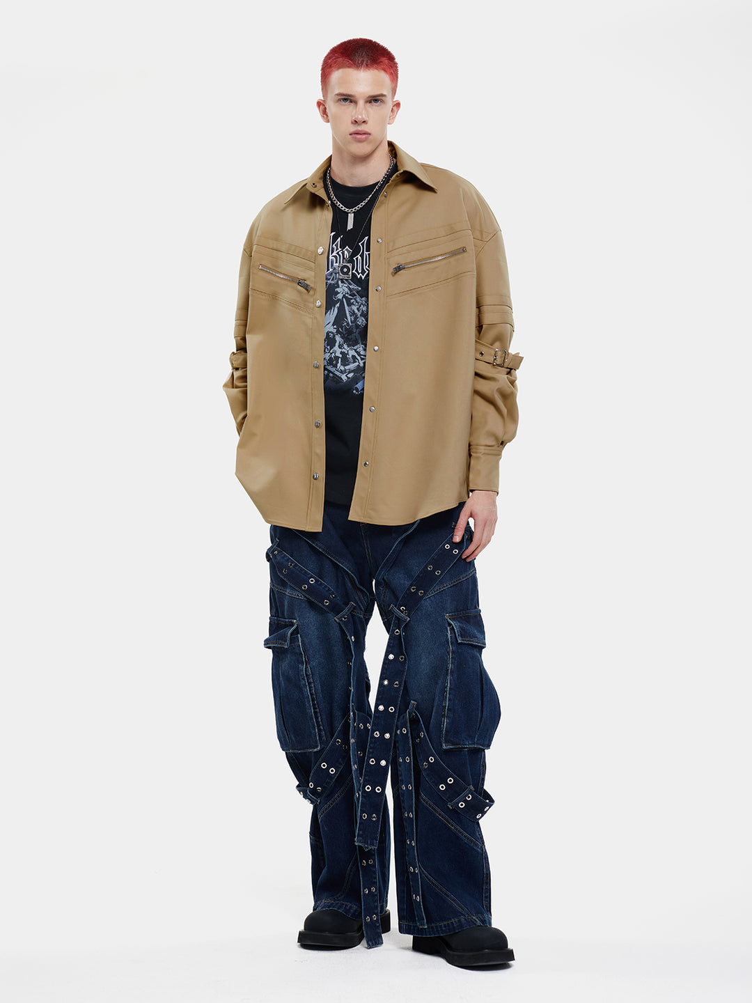 T-one Solid Buckle Decor Long Sleeve Jacket-Khaki