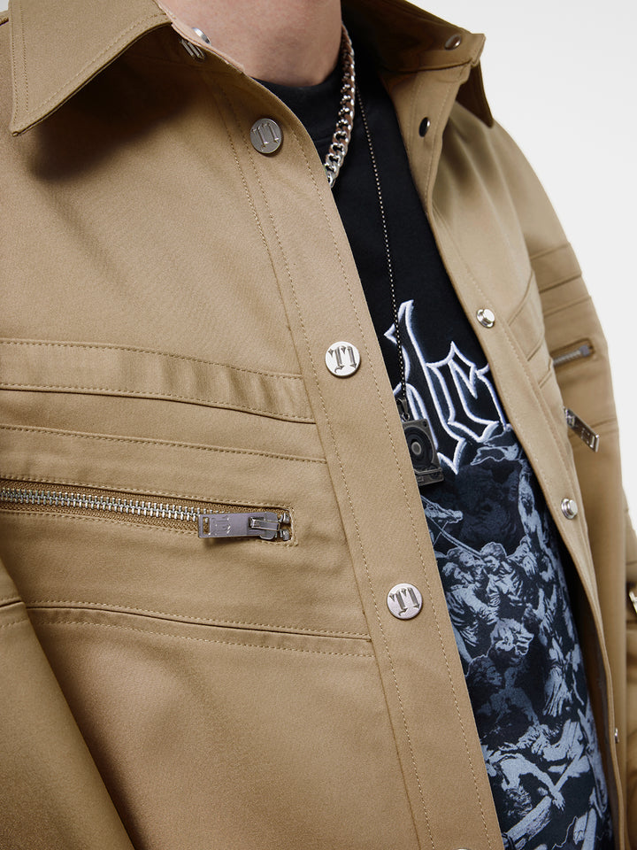 T-one Solid Buckle Decor Long Sleeve Jacket-Khaki