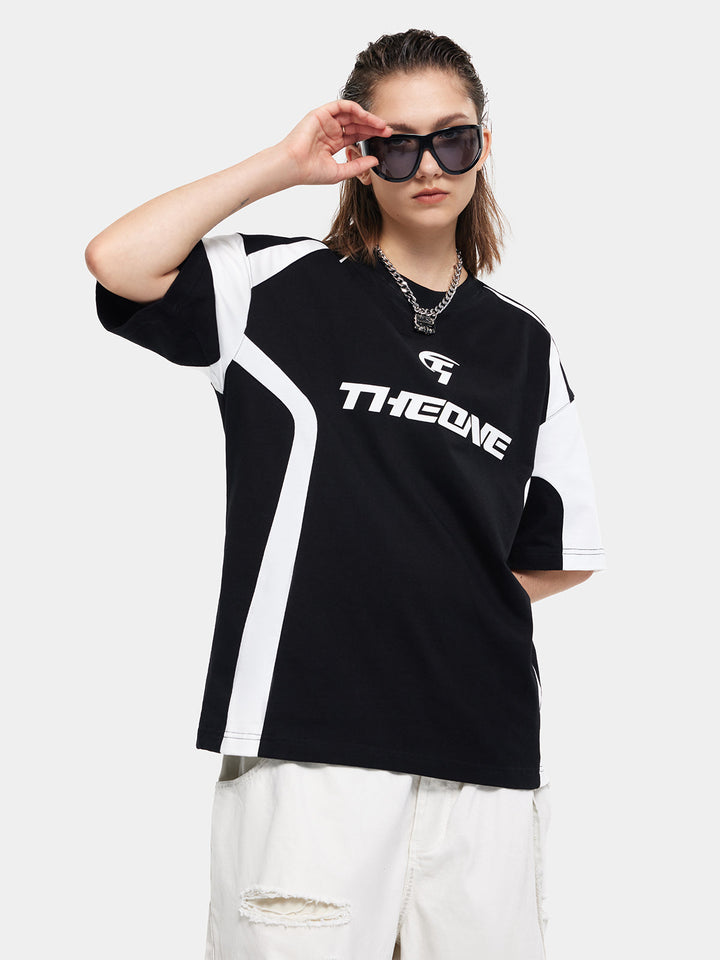 T-One Colorblock Letter Print Racing Tee-Black