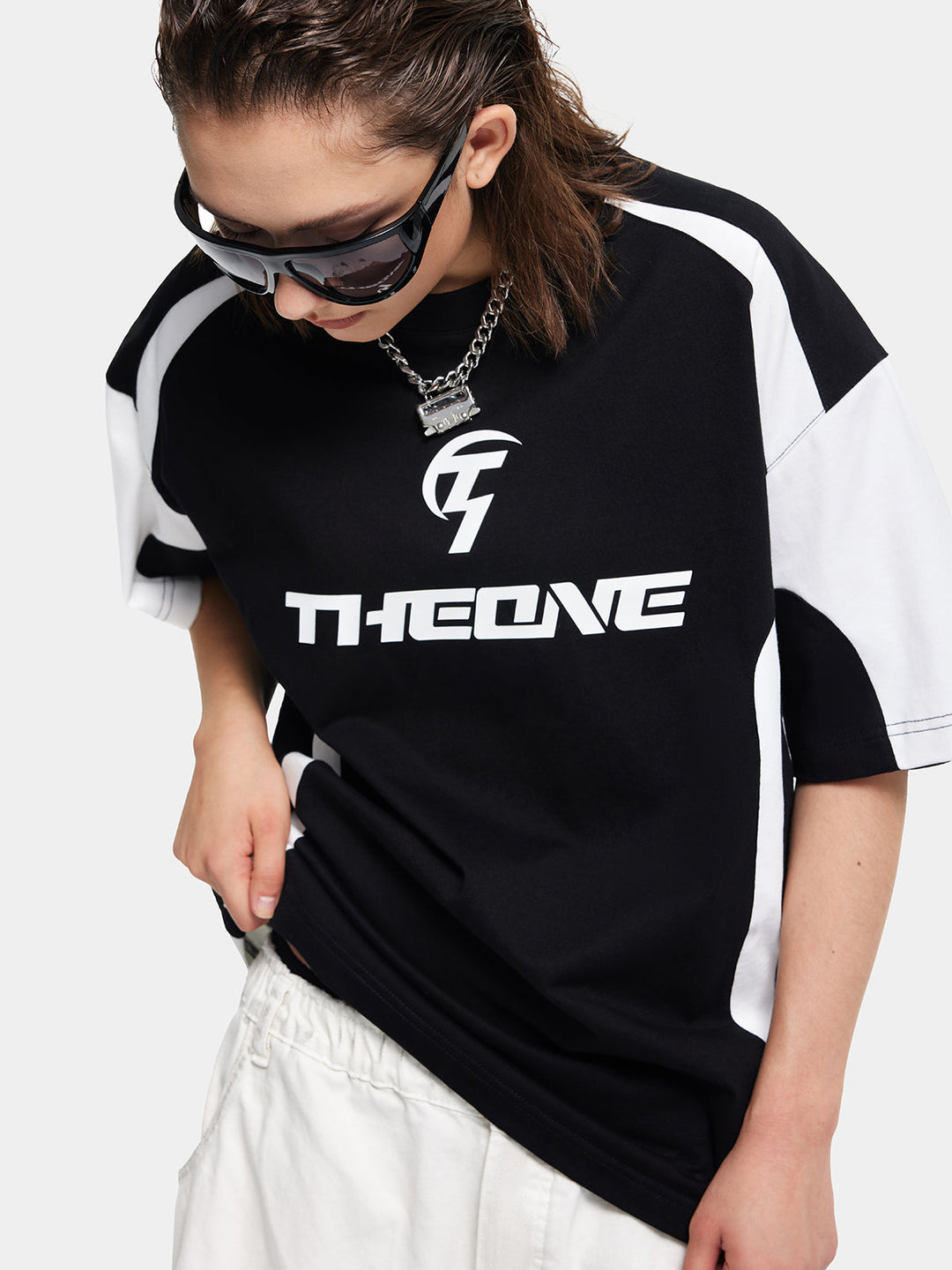 T-One Colorblock Letter Print Racing Tee-Black