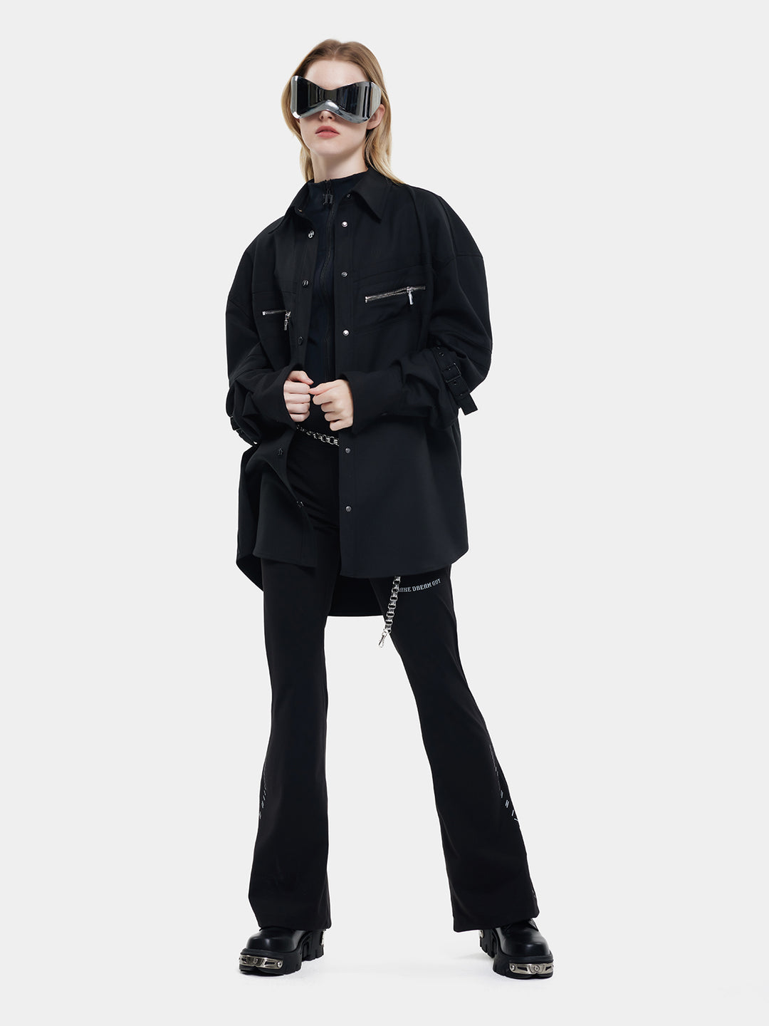 T-one Solid Buckle Decor Long Sleeve Jacket-Black