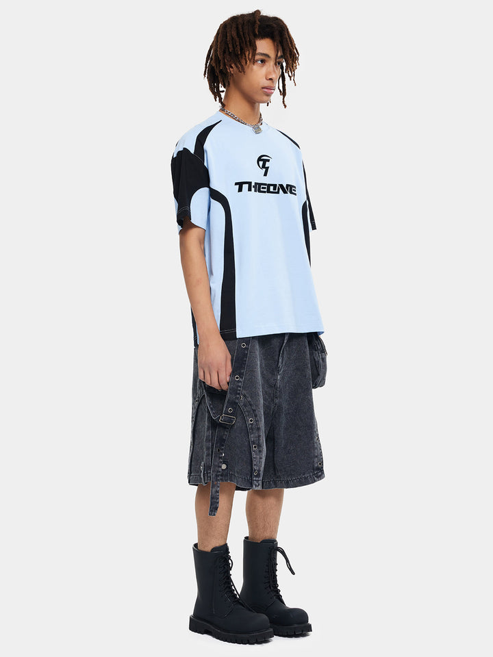 T-One Colorblock Letter Print Racing Tee-Blue