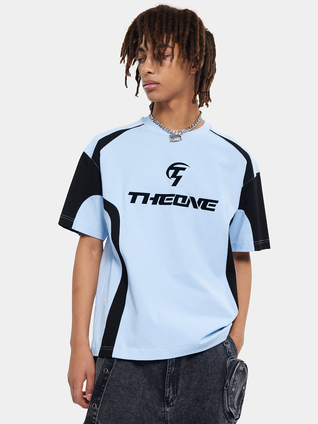 T-One Colorblock Letter Print Racing Tee-Blue
