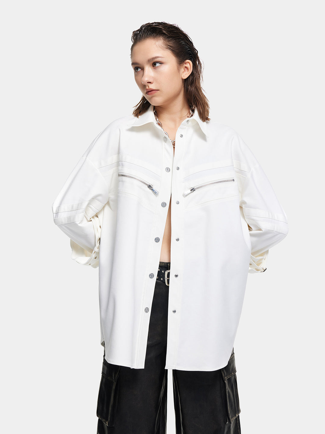 T-one Solid Buckle Decor Long Sleeve Jacket-White