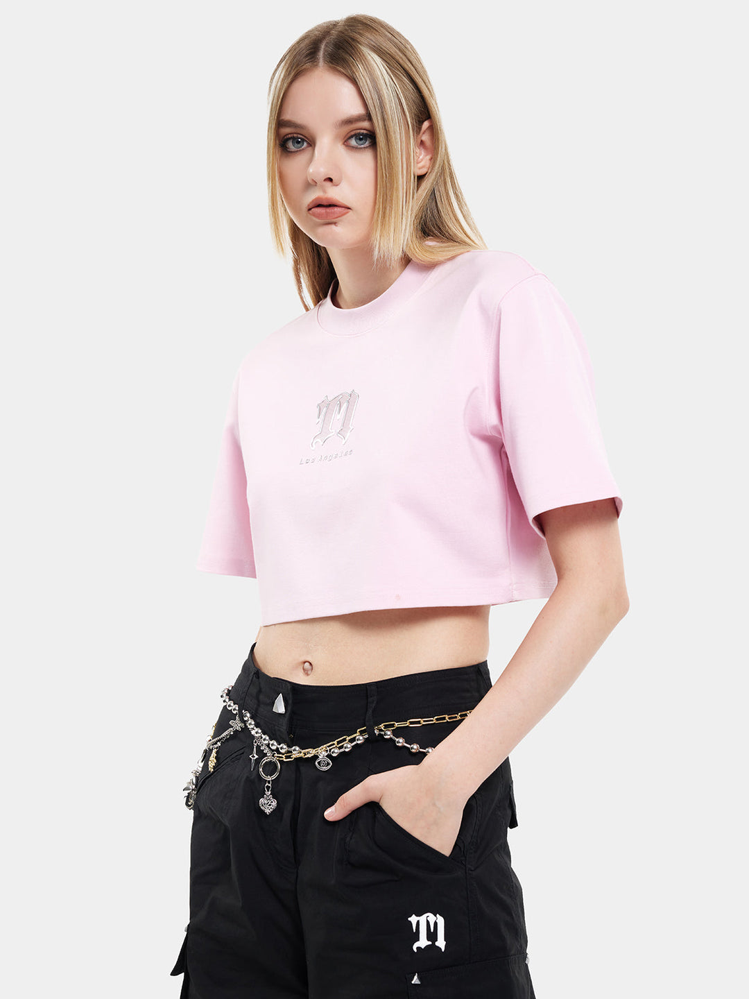T-one Solid Letter Pattern Cropped Top-pink