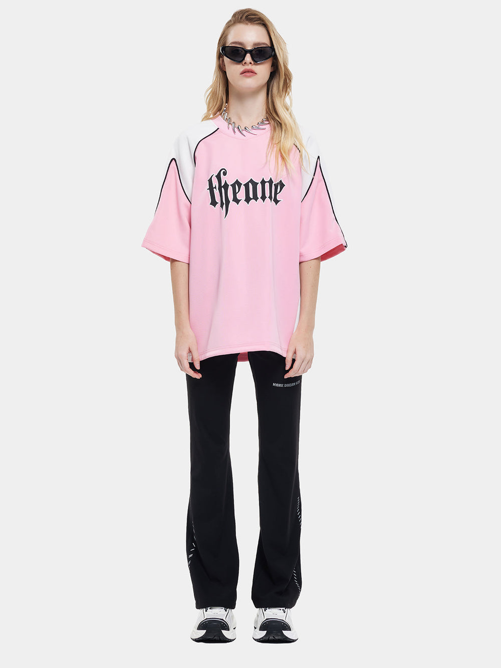 T-one Letter Print Colorblock Tee-Pink