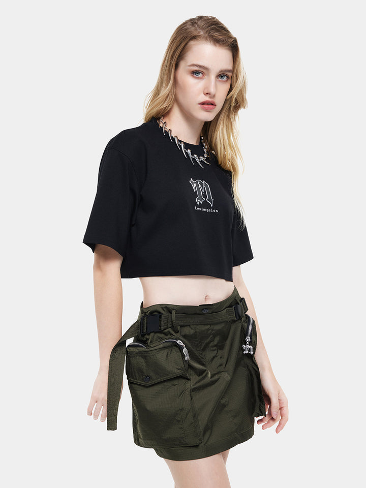 T-one Solid Letter Pattern Cropped Top-black