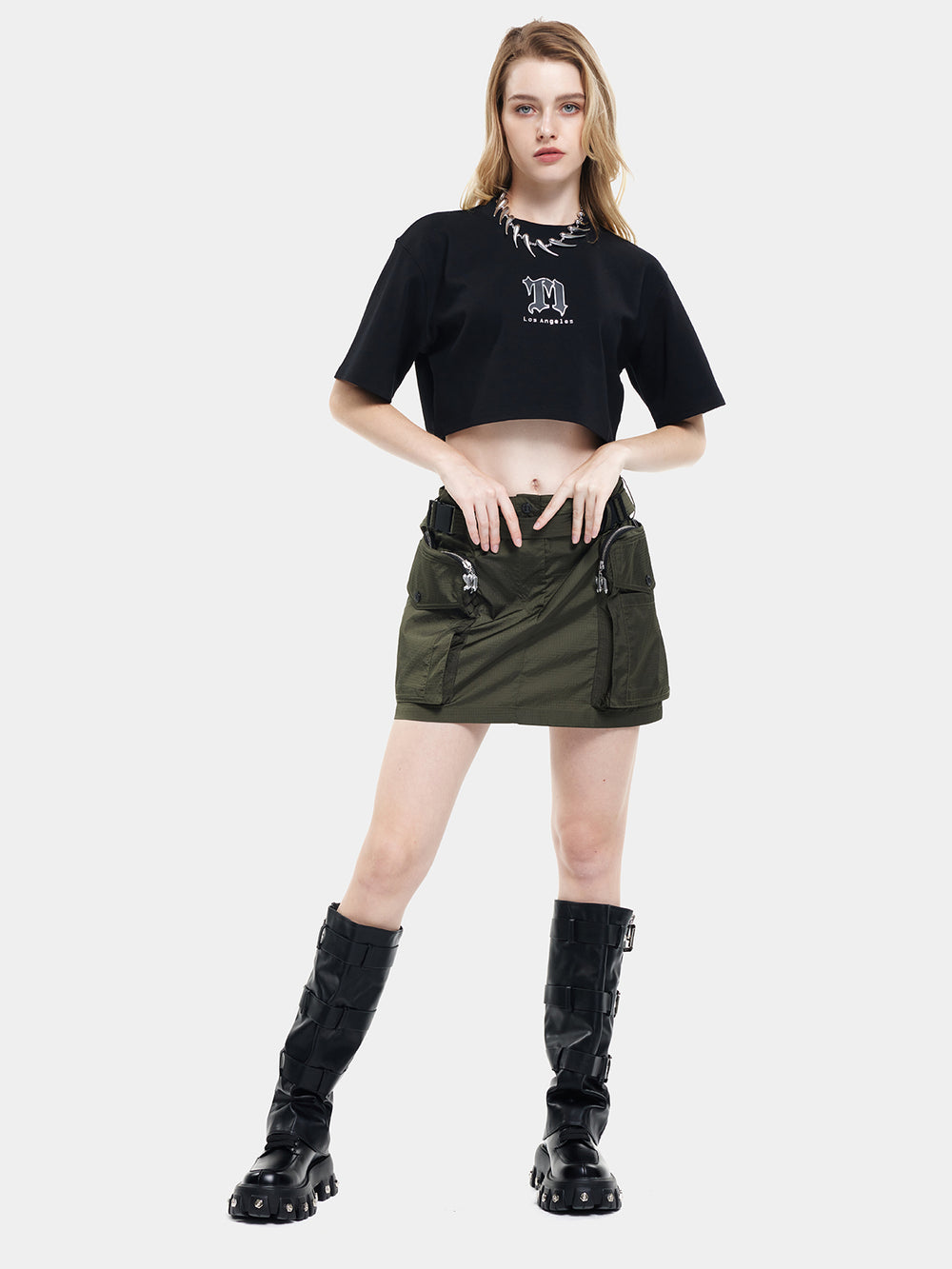 T-one Multi Pocket Belt Skirt-Green