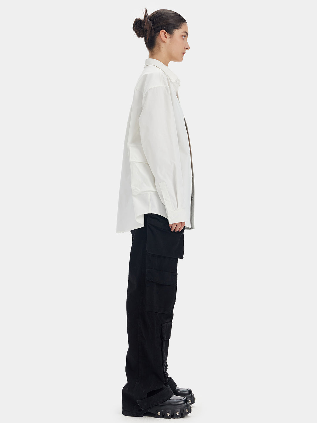 T-one Solid Button Simple Long Sleeve Shirt-White